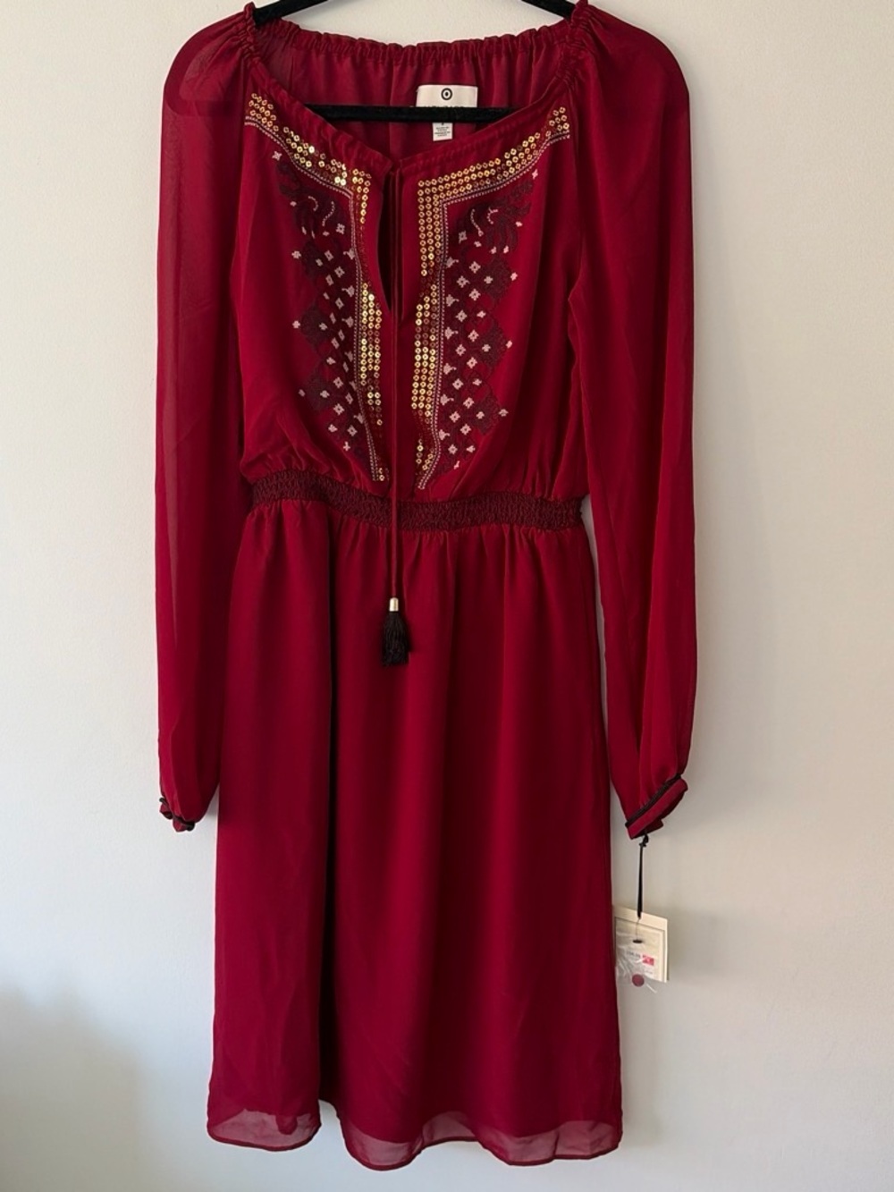 Altuzarra Red Long-Sleeve Embellished Boho Dress